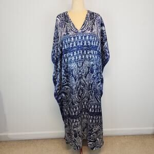 Vintage Winlar Satin Kaftan Moo Moo Mumu Porch Dress Blue Geometric One Size